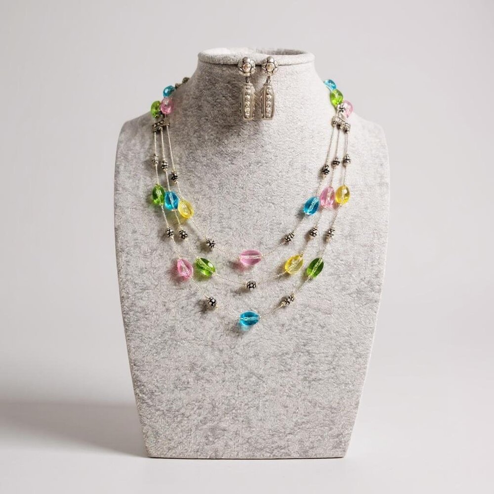 Three Layers multi color faceted glass bead silver tone finish  necklace set